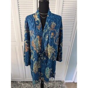 Globe Trotter Batik Kimono Womens S Vtg Oversize BlueGold Boho Jacket Art Top